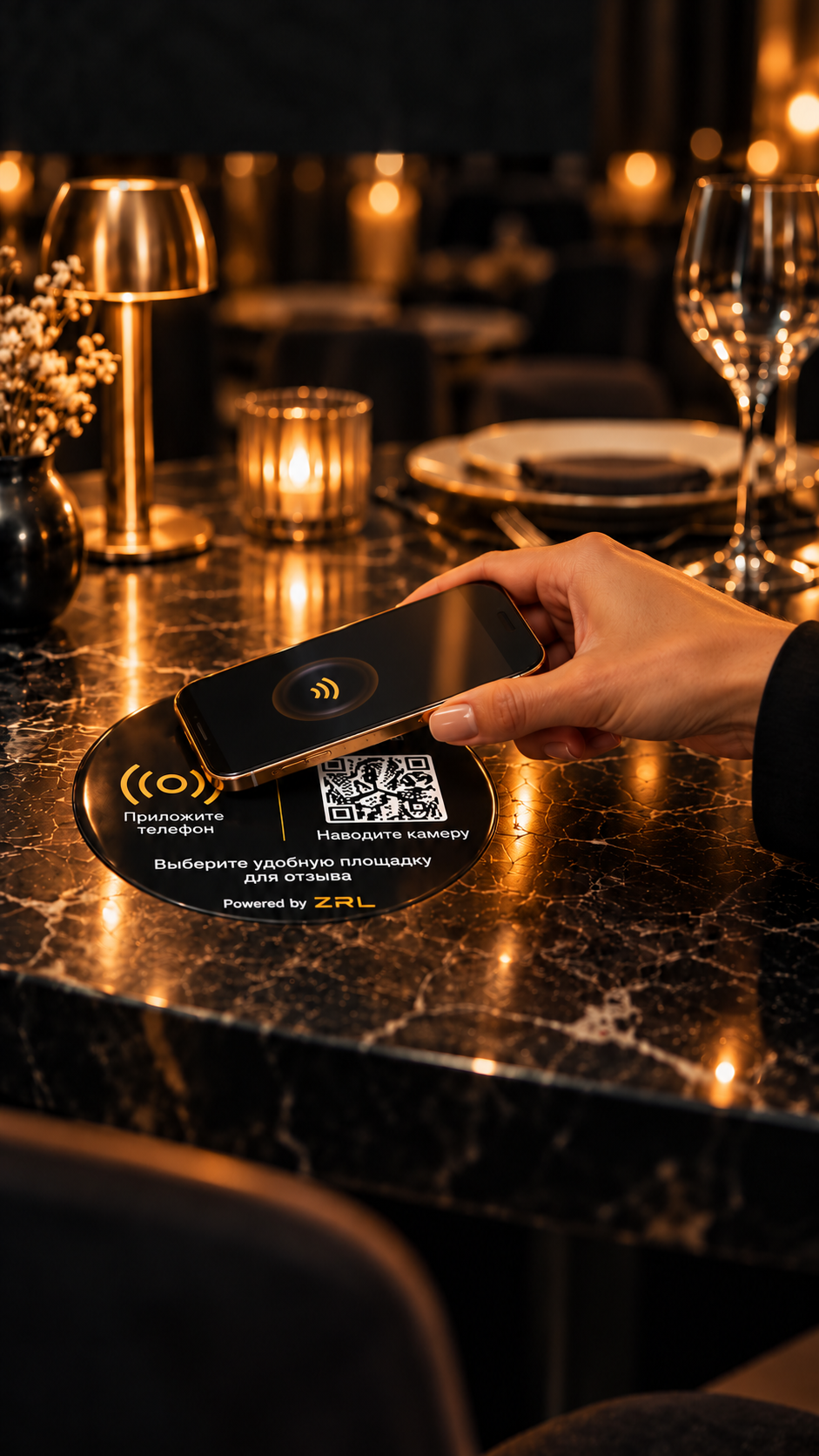 Клиент подносит телефон к стикеру ZRL